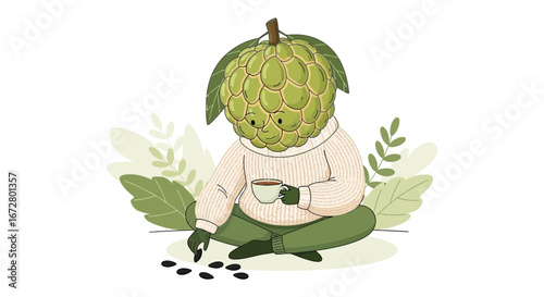 Custard Apple Person Enjoying Coffee, Seeds, And Quiet Time in Serene Environment