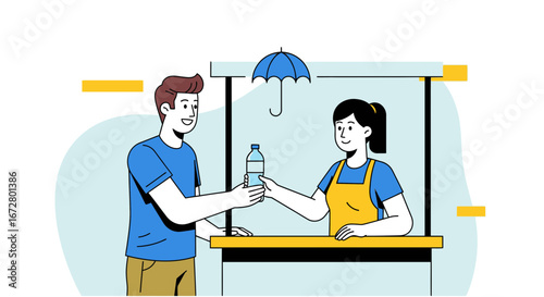 Customer Acquiring Water Bottle From Seller: A Transaction Illustration In Vector Style
