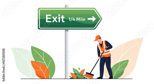 Custodian Cleans Entrance, Directing Travelers towards the Exit in Environmental Care Illustration