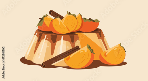 Delicious Persimmon Dessert Illustration With Cinnamon Sticks And Caramel Sauce