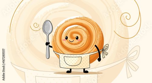 Cute Animated Pastry Character Wearing Apron Holding Spoon Smiling And Ready To Cook