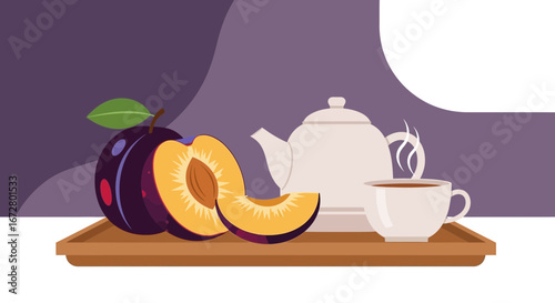 Delicious Plum And Tea Set On A Wooden Tray For A Relaxing Afternoon Break