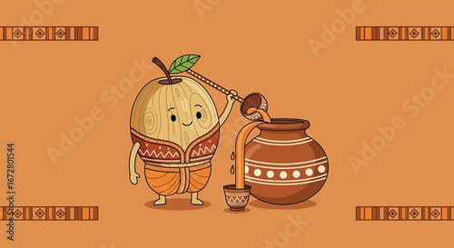 Cute Apple Character Pouring Traditional Drink Into Pot And Cup, Indian Culture