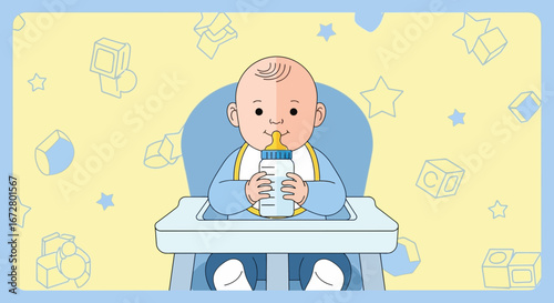Cute Baby Is Drinking Milk From Bottle While Sitting In The Highchair