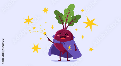 Cute Beetroot Wizard Enchanting With Sparkling Starry Magic On Light Violet Background