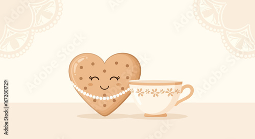 Cute Biscuit Heart Smiling Beside Elegant Cup, Delightful Food and Drink Concept