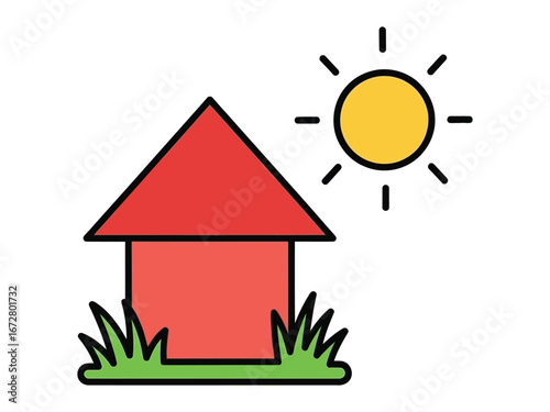 Residential Simplicity: A charming, simplified illustration of a house with a red roof, basking in the sunshine, and nestled amidst blades of green grass, portraying tranquility and domestic bliss.