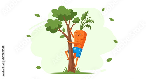 Cute Carrot Character Climbing The Tree in A Playful And Joyful Illustration