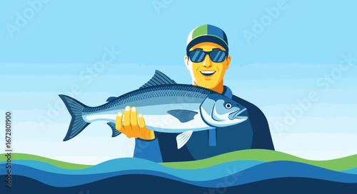 Delighted Angler Proudly Displays His Catch of A Shiny Silver Fish on Open Body of Water