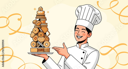 Delighted Baker Presenting Elaborate Cookie Tower Culinary Delight And Delicious Imagery