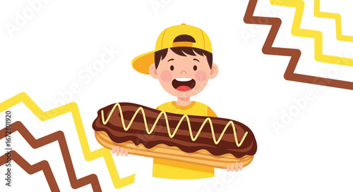 Delighted Boy Holding Massive Pastry with Colorful Background and Smiling Face