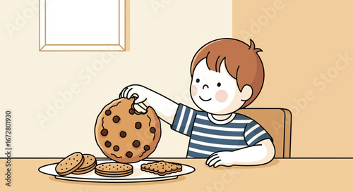 Delighted Child About To Eat A Large Chocolate Chip Cookie At The Table Inside