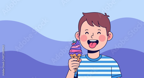 Delighted Boy Relishes Ice Cream Treat On A Whimsical Summer Day, Celebrating Joy