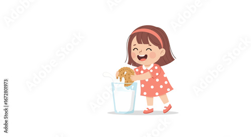 Delighted Child Dips Biscuit Inside Milk, Enjoying Simple Pleasures In Pleasant Way
