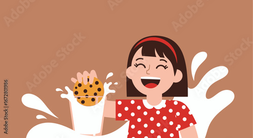 Delighted Child Dips Cookie In Milk, Celebrating Joyful Moment With Sweet Treat