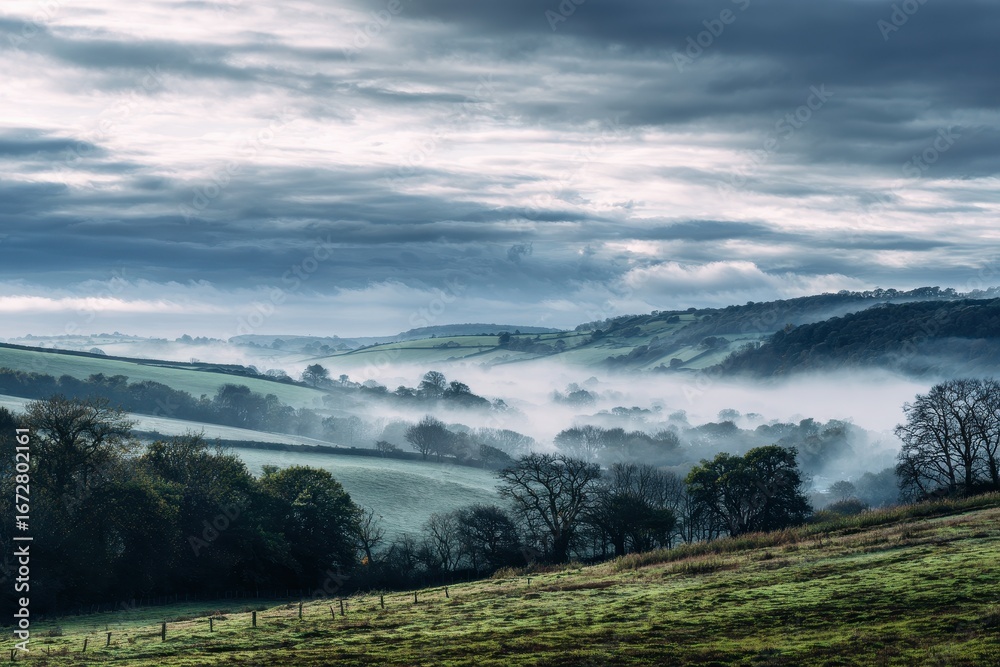 Obraz premium Stunning rural scenery shrouded in fog in the Dorset valley