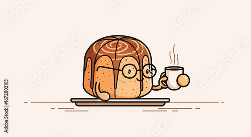 Cute Cinnamon Roll Character Enjoying Coffee Amidst a Simple, Cheerful Illustration