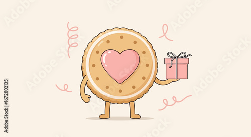 Cute Cookie Character Holding Present, Gift For Someone You Love And Cherish