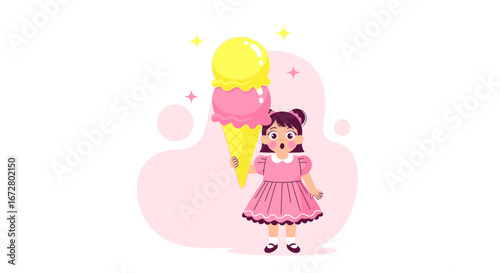 Delighted Child With Giant Ice Cream Enjoying Delightful Dessert in Summer Heat