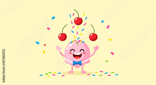 Cute Dessert Character Juggling Cherries With Joy Against a Festive Backdrop