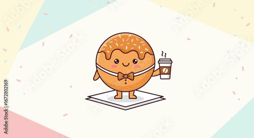 Cute Donut Character Holding Coffee Cup Standing Cartoon Graphic Design