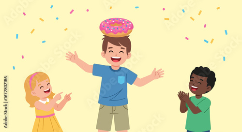 Delighted Children Adore Playing Games, Demonstrating Skill with Doughnut Balancing Act