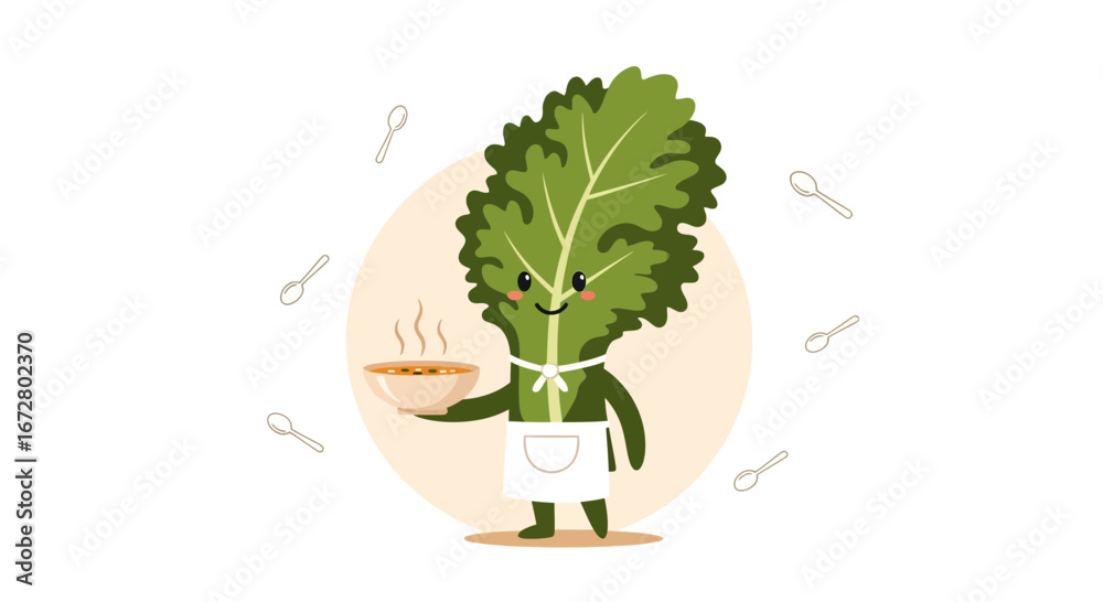 Obraz premium Cute Lettuce Character Serving Healthy Soup on Plate with Spoons Around Illustration