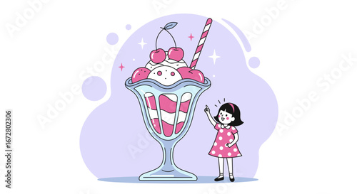 Delighted Girl Gazes At Giant Ice Cream Sundae With Cherries And Delightful Appearance