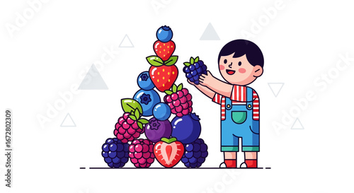 Cute Kid Arranging Fruit Pyramid with Fresh Berries for Healthy Dietary Habits