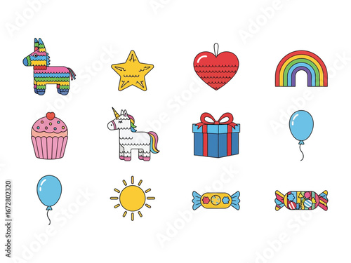 Festive Celebration Icons: A colorful collection of celebratory icons including a piñata, star, heart, rainbow, cupcake, unicorn, gift box, balloons, sun, and candies perfect for birthday parties. 