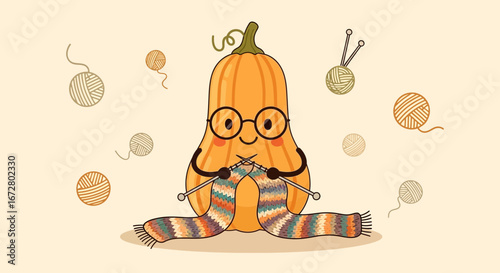 Cute Knitted Pumpkin Character with Glasses and Yarn for Autumn Themes Illustrations