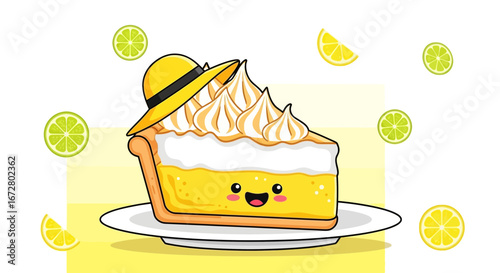 Cute Lemon Meringue Pie, Yellow Summer Hat, Citrus Fruits, Delicious Food Illustration