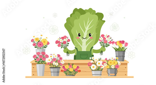 Cute Leaf Smiling And Holding Bouquets At A Florist Shop, Selling And Decorating