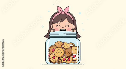 Delighted Girl Peeking Over Cookie Jar Filled With Assorted Baked Sweets