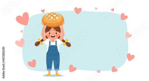 Delighted Girl Presenting Delicious Bread, Surrounded by Hearts, Pure Joy and Warmth
