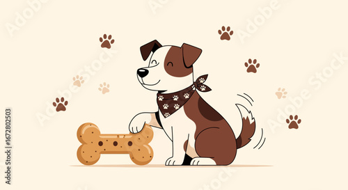 Cute Pet Dog Earning His Treat By Sitting Near A Bone On A Neutral Background