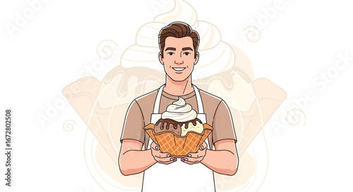 Delighted Man Presenting Tempting Ice Cream Sundae In A Delicious Waffle Bowl Offering Treats