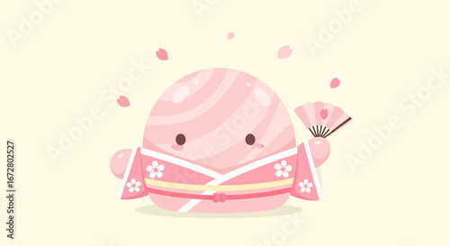 Cute Pink Character In Kimono Holding Fan With Falling Cherry Blossoms