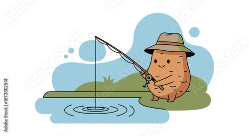 Cute Potato Character Enjoying A Relaxing Afternoon Fishing At The Lake