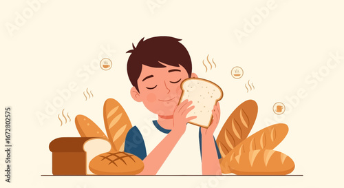 Delighted Person Smelling Fresh Bread Amongst Various Loaves, Illustration Artwork