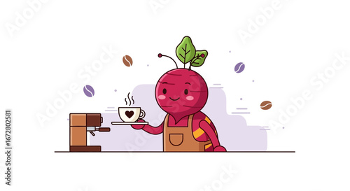 Cute Radish Person Serving Coffee With A Heart, Freshly Brewed And Smiling