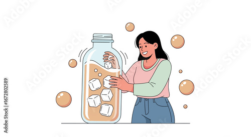 Delighted Woman Adding Ice Cubes To A Large Refreshing Beverage Bottle Illustration