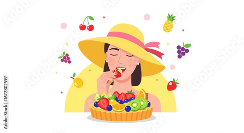 Delighted Woman Eating Fresh Fruit Tart While Wearing a Stylish Sun Hat Outdoors