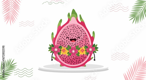 Cute Smiling Dragon Fruit Cartoon Character With Tropical Floral Arrangement and Design