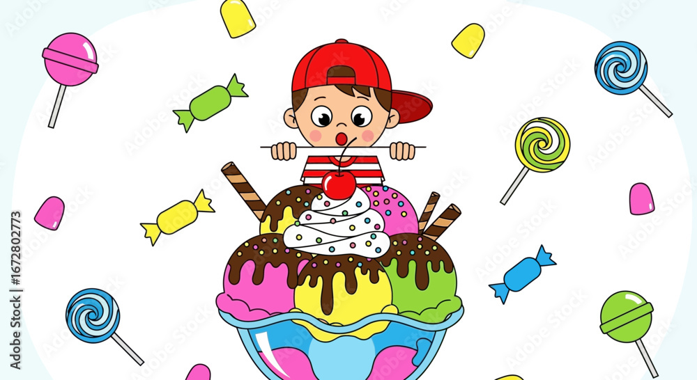 Naklejka premium Delighted Youngster Staring At Oversized Ice Cream Sundae With Sweets And Treats