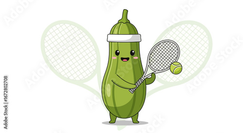 Cute Zucchini Character Playing Tennis in Playful And Cheerful Cartoon Illustration