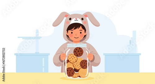 Delighted Youngster In A Rabbit Outfit Clutching A Glass Jar Overflowing With Cookies