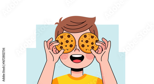 Delighted Youngster Playsfully Hiding Eyes Behind Chocolate Chip Cookies in Joyful Delight