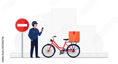 Cycling Courier with a Package Checking His Smartphone, Delivering Goods Conceptually