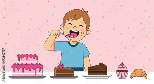 Delighted Youngster Savors Sweet Dessert, Surrounded By Variety of Delicious Cakes and Pastries